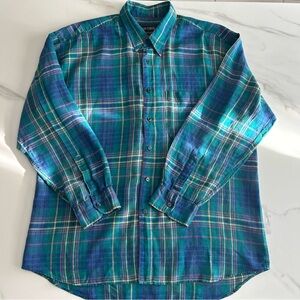 Alan Flusser for Saks Fifth Avenue Vintage Men's Blue Plaid Shirt 100% linen XL